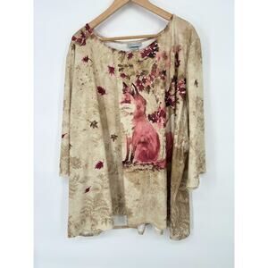 Catherines Fox Print Embellished Tunic Top Size 4X Stretch 3/4 Sleeves Novelty